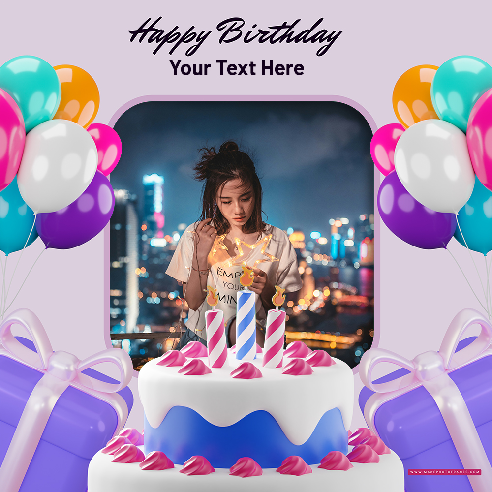 Happy Birthday Cake With Photo Frame And Custom Name